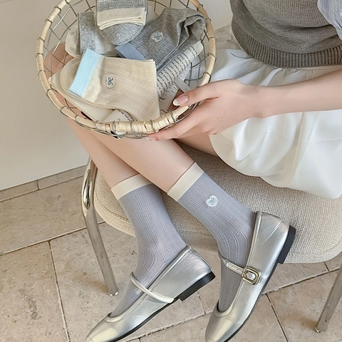 Damen Crew Socken Baumwollmischung Atmungsaktiv Gerippt Herz Stickerei Schleife Süßer Japanischer Stil