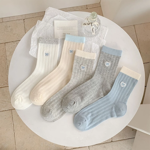 Damen Crew Socken Baumwollmischung Atmungsaktiv Gerippt Herz Stickerei Schleife Süßer Japanischer Stil