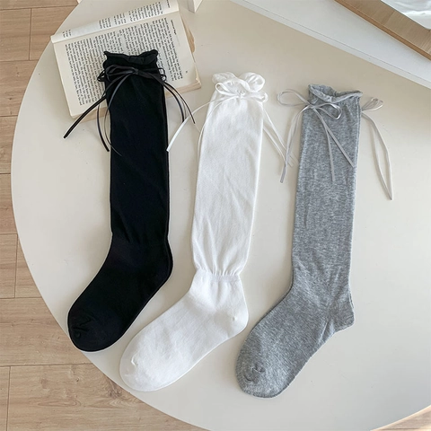 Japanese JK Style Slouch Socks Cotton Blend Ruffle Lettuce Trim Ribbon Bow Sweet Balletcore For Women