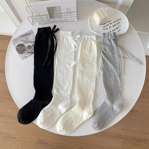 Balletcore Calf High Socks Cotton Ribbed Knit Sweet Ribbon Bow JK Style For Women Elastic Breathable Solid Color