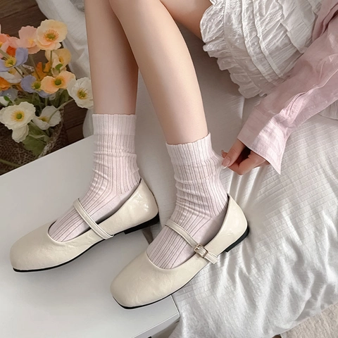 Women Crew Socks Cotton Blend Breathable Ribbed Vertical Stripe Solid Color Korean Style Lettuce Edge Ruffle Sweet