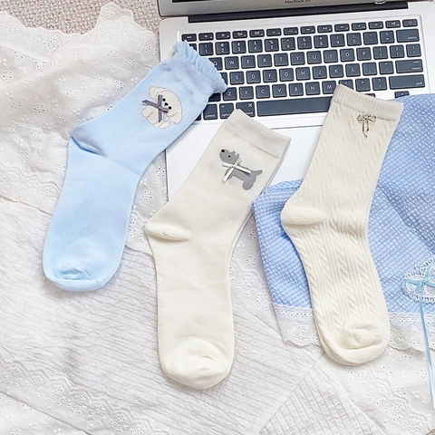 Women Mid Calf Socks Cotton Japanese Style Cute Dog Embroidery Bow Knot Ruffle Lace Casual Breathable
