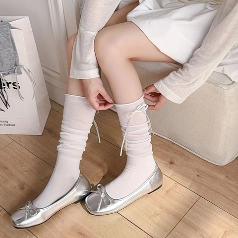 Japanese JK Style Slouch Socks Cotton Blend Ruffle Lettuce Trim Ribbon Bow Sweet Balletcore For Women