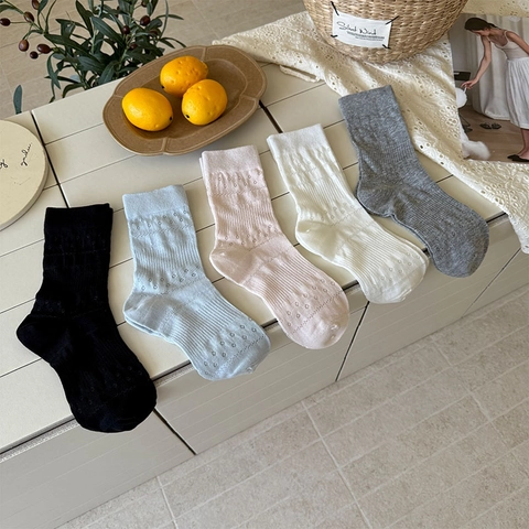 Women Mid-Calf Socks Cotton Blend Hollow Out Pointelle Flower Pattern Thin Breathable Japanese Style Sweet For Girls