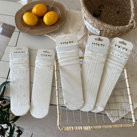 Women Cotton Crew Socks Hollow Out Mesh Breathable Lettuce Edge Sweet Vintage Style White Elegant Soft Comfort