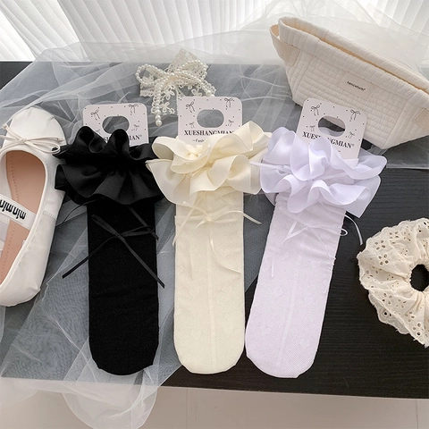 Sweet Lolita Mesh Calf Socks Lace Ruffle Ribbon Bow Heart Pattern Breathable Japanese Style For Women