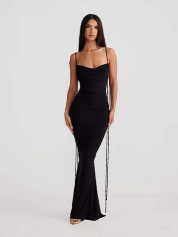 Vestito Maxi Sexy Schiena Scoperta Donna Scollo Cappuccio Arricciato Coulisse Aderente Poliestere Elastan Club Festa Notte