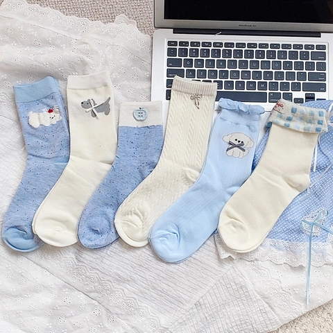 Women Mid Calf Socks Cotton Japanese Style Cute Dog Embroidery Bow Knot Ruffle Lace Casual Breathable