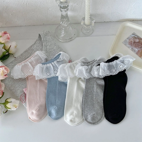 Women Lace Ruffle Socks Lolita Style Cotton Blend Ribbed Sweet Princess Solid Color Breathable Soft