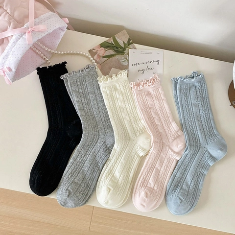 Womens Cotton Crew Socks With Frilly Cuffs Hollow Pointelle Breathable Sweet Japanese Style Soft Mid Calf Hosiery