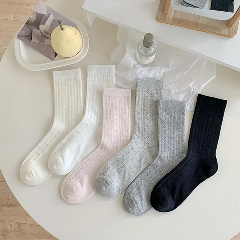 Calcetines Media Pantorrilla Mujer Mezcla Algodón Calados Malla Transpirable Estilo Japonés Dulce Color Sólido Moda