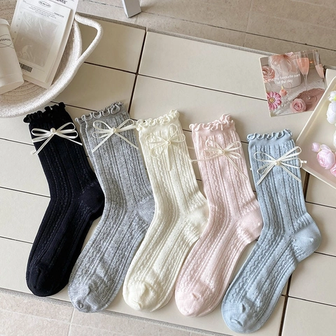 Damen Crew Socken Baumwolle Atmungsaktiv Mesh Spitze Rüschen Schleife Künstliche Perle Japanisch Süß Lolita JK Stil