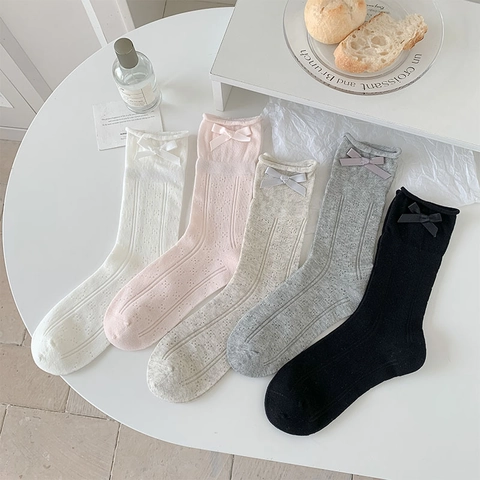 Women Cotton Blend Mid Calf Socks With Bow Ribbon Hollow Out Mesh Breathable Japanese Style Balletcore Slouchy Hosiery