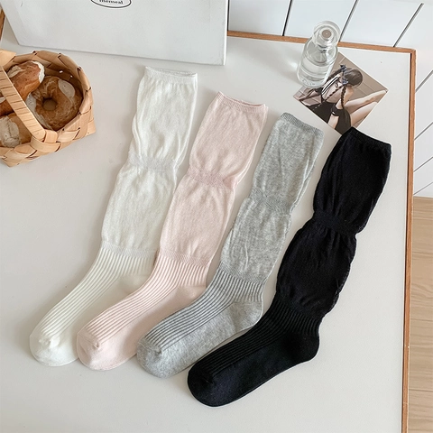 Women Slouch Socks Cotton Ribbed Breathable Japanese JK Style Solid Color Mid Calf Fashionable Lightweight