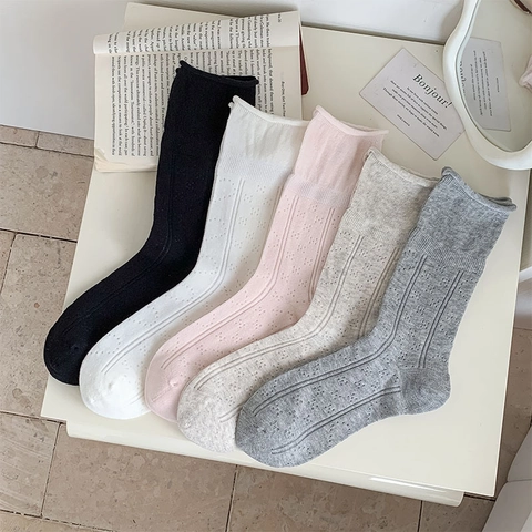 Women Mid Calf Socks Pointelle Hollow Out Cotton Breathable Lettuce Edge Soft Sweet Japanese Korean Style
