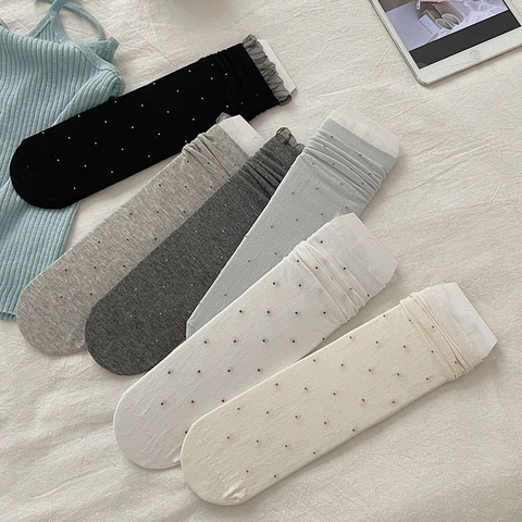 Damen Baumwolle Crew Socken Polka Dot Muster Spitze Besatz Rüschenkante Atmungsaktiv JK Stil Weich Trendig Modisch