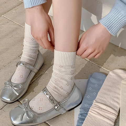 Women Mid-Calf Crew Socks Cotton Blend Hollow Out Mesh Breathable Ribbed Cuff Japanese JK Style Balletcore Plain