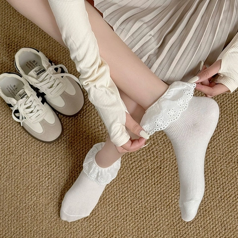 Women Lace Ruffle Socks Lolita Style Cotton Blend Ribbed Sweet Princess Solid Color Breathable Soft