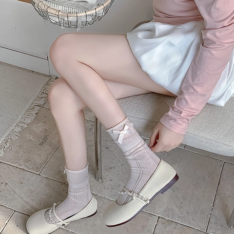 Women Cotton Blend Mid Calf Socks With Bow Ribbon Hollow Out Mesh Breathable Japanese Style Balletcore Slouchy Hosiery
