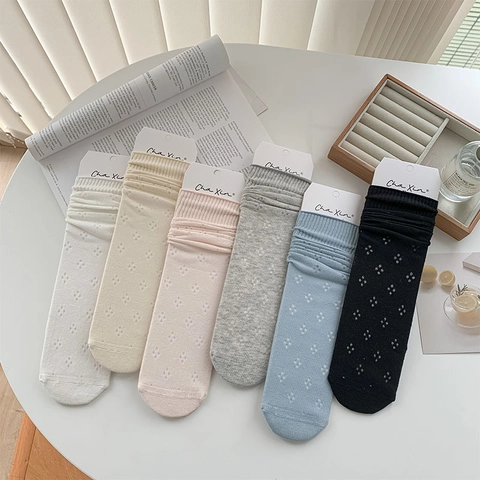 Women Mid-Calf Crew Socks Cotton Blend Hollow Out Mesh Breathable Ribbed Cuff Japanese JK Style Balletcore Plain