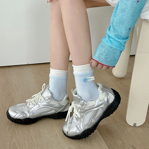 Calcetines De Algodón Para Mujer Media Caña Color Contraste Borde De Volante Botón Decorativo Estilo Japonés Coreano