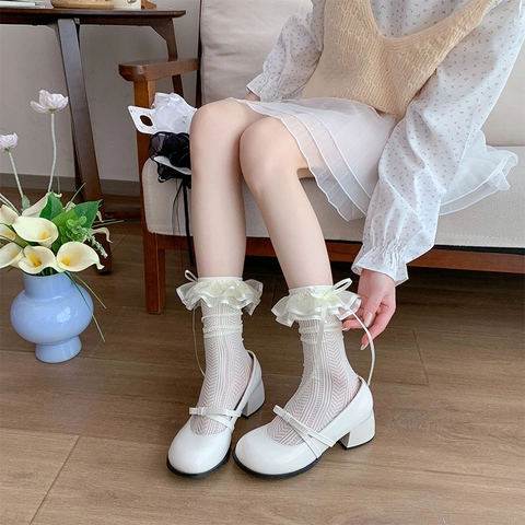 Lolita Calf Socks Double Layer Lace Trim Bowknot Nylon Hollow Out Mesh Sweet Style Women Girls