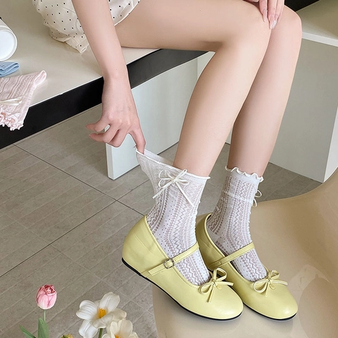 Damen Crew Socken Baumwolle Atmungsaktiv Mesh Spitze Rüschen Schleife Künstliche Perle Japanisch Süß Lolita JK Stil