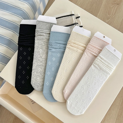 Damen Wadenlange Crew Socken Baumwollmischung Durchbrochenes Rautenmuster Atmungsaktiv Süßer Japanischer Stil Gerippte Bündchen