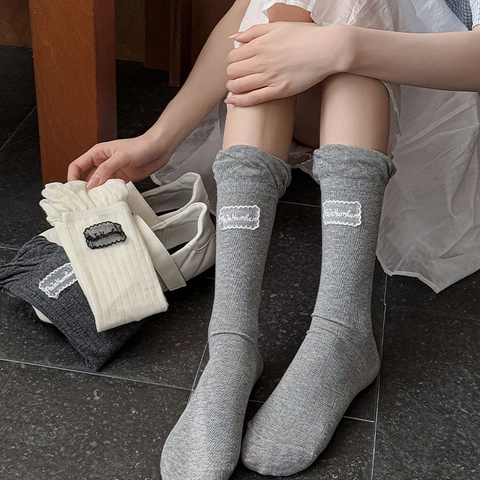 Japanese Style Ruffle Crew Socks Cotton Ribbed Sweet Lace Patch Breathable Mid Tube Women