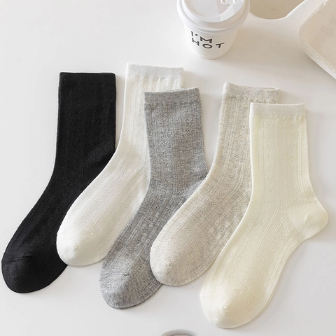 Women Mid-Calf Socks Cotton Blend Mesh Breathable Thin Heart Pattern Ballet Style JK Sweet Hosiery