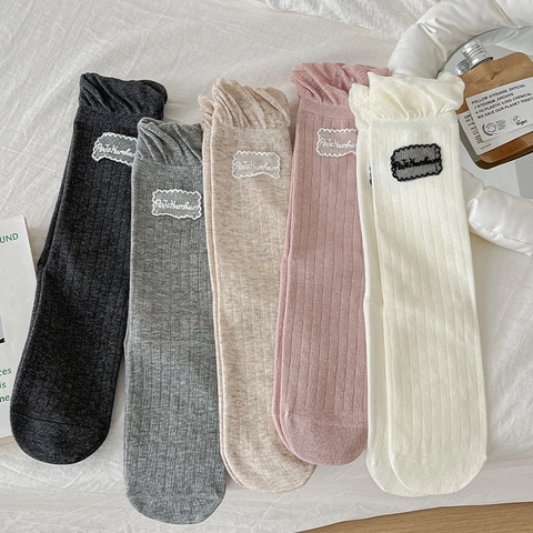 Japanese Style Ruffle Crew Socks Cotton Ribbed Sweet Lace Patch Breathable Mid Tube Women