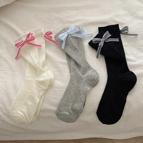 Chaussettes Mi-Mollet Femmes Coton Tricot Côte Nœud Carreaux Doux Style Japonais Respirant Bonneterie