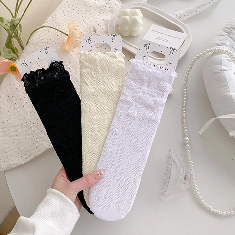 Damen Spitzen Socken Blumen Hohl Aus Mesh Atmungsaktiv Rüschenrand Süßer Japanischer Stil Retro Strumpfwaren