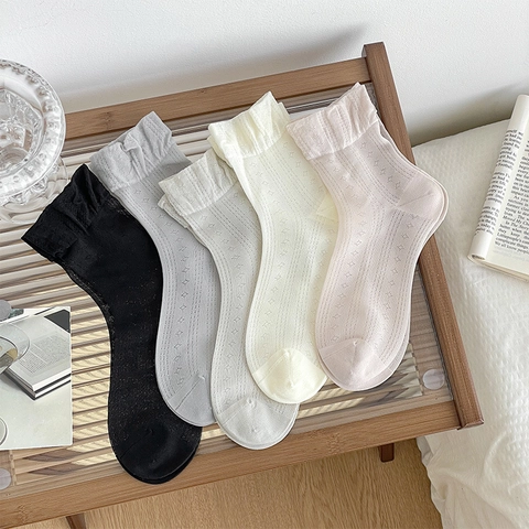 Womens Mid Calf Socks Nylon Mesh Hollow Out Star Pattern Ruffle Trim Breathable Summer College Style