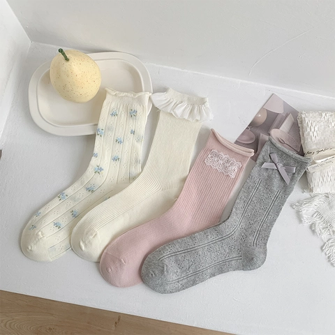 Calcetines Media Pantorrilla Mujer Mezcla Algodón Dulce Encaje Lazo Estampado Floral Borde Volante Punto Canalé Estilo Japonés