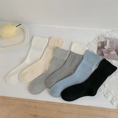Damen Gerippte Mittelhohe Socken Baumwolle Atmungsaktiv Hohlnetz Japanischer Stil Crew Socken Einfarbig Weich Bequem