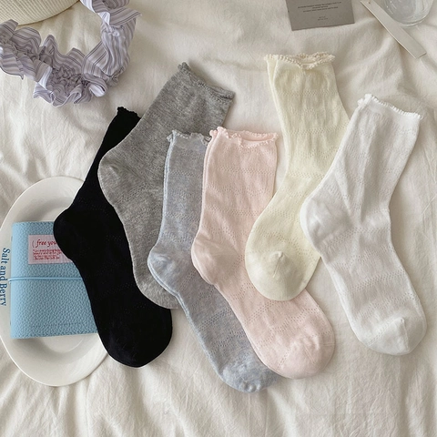 Women Mid Calf Socks Nylon Breathable Heart Hollow Mesh Ruffle Edge Sweet Korean Style Fashionable Solid Color