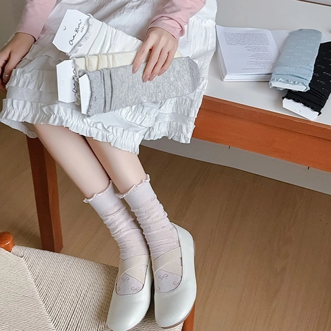 Women Mid Calf Socks Cotton Breathable Bow Jacquard Ruffle Edge Sweet Lolita Style Japanese School Girl Fashion