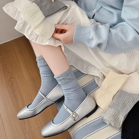 Damen Gerippte Mittelhohe Socken Baumwolle Atmungsaktiv Hohlnetz Japanischer Stil Crew Socken Einfarbig Weich Bequem
