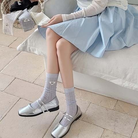 Women Crew Socks Cotton Ribbed Triangle Patch Letter Decor Japanese JK Style Casual Solid Color Hosiery