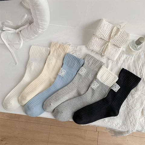 Women Mid Calf Socks Cotton Ribbed Lace Trim Lucky Label Sweet Japanese Style Breathable Casual Hosiery Girls