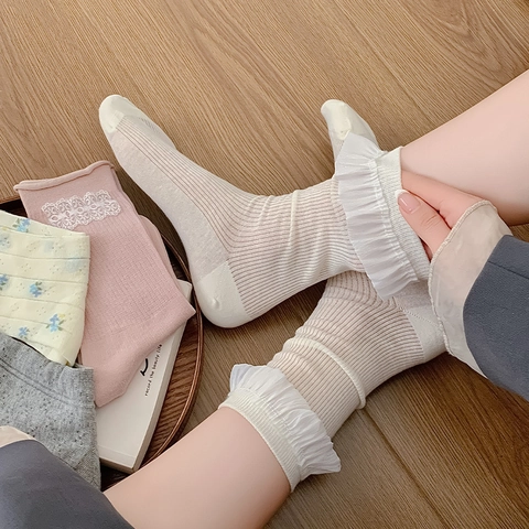 Mid Calf Socks Women Cotton Blend Sweet Lace Trim Bow Decor Floral Pattern Ruffle Edge Ribbed Knit Japanese Style Kawaii