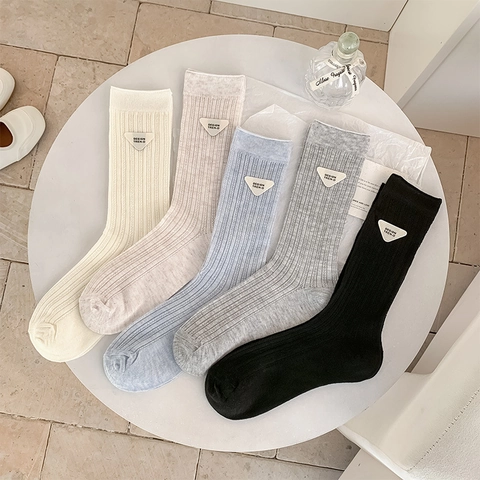 Women Crew Socks Cotton Ribbed Triangle Patch Letter Decor Japanese JK Style Casual Solid Color Hosiery