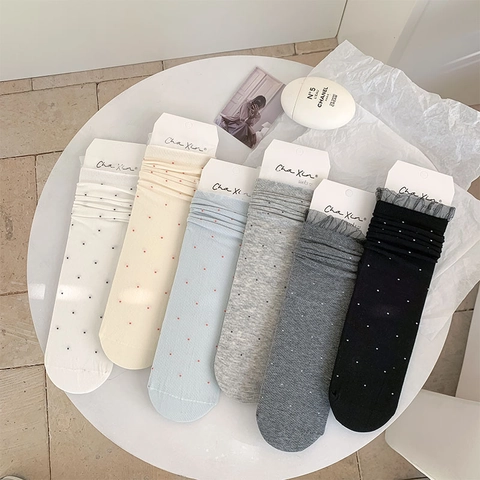 Damen Crew Socken Baumwolle Netz Polka Dot Muster Spitze Rüschenbesatz Süß Koreanischer Stil Atmungsaktiv Socken