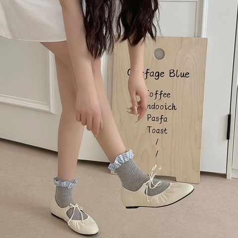 Chaussettes Mi-Mollet Femmes Coton Côte Bordure Volants Gingham Style Japonais Doux Ballet JK Respirant