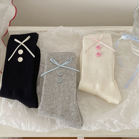 Women Mid Calf Socks Cotton Ribbed Knitted Japanese Sweet Style With Ribbon Bow And Decorative Buttons Hosiery