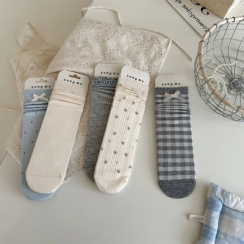 Women's Japanese Style Cotton Blend Crew Socks With Bow Polka Dots Floral Plaid Wood Ear Trim Sweet Soft Breathable