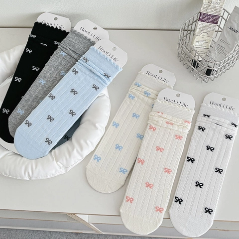 Women Mid Calf Socks Japanese Sweet Bow Ribbed Cotton Knit Thin Breathable Lettuce Edge JK Style