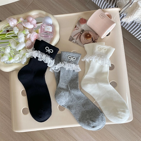 Calze Gambaletto Donna Cotone Costine Pizzo Bianco Fiocco Künstliche Perle Stile Lolita Dolce Abbigliamento JK Giapponese Coreano