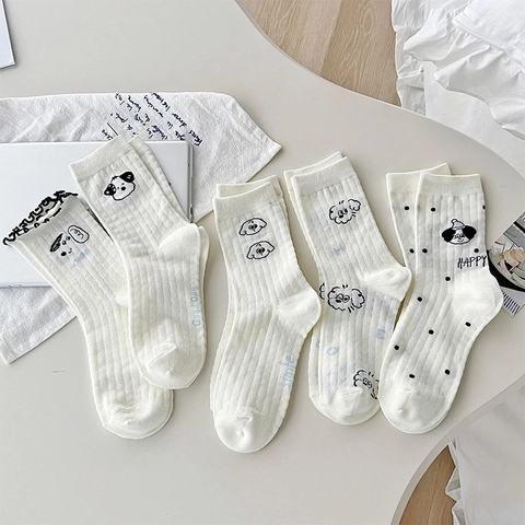 Women Cotton Crew Socks Cute Cartoon Dog Pattern Breathable Ribbed Mesh Japanese Style Kawaii Hosiery Accessories